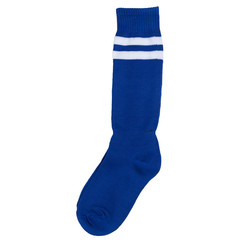 long blue football leggings or socks, pair, on a white background