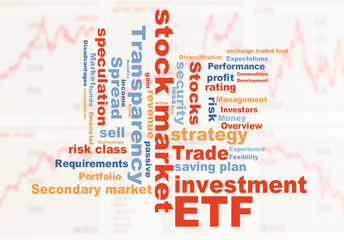 ETF exchange trades funds word cloud with chart background