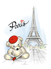 Postcard with Teddy bear and Eiffel tower from Paris, France. Vector illustration