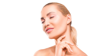 Close up portrait of a woman with closed eyes and clean skin natural gentle refreshing makeup on a white background isolated on white background.