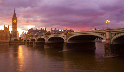 Big ban tower with Westminster bridge and Thames river in London United Kingdom
