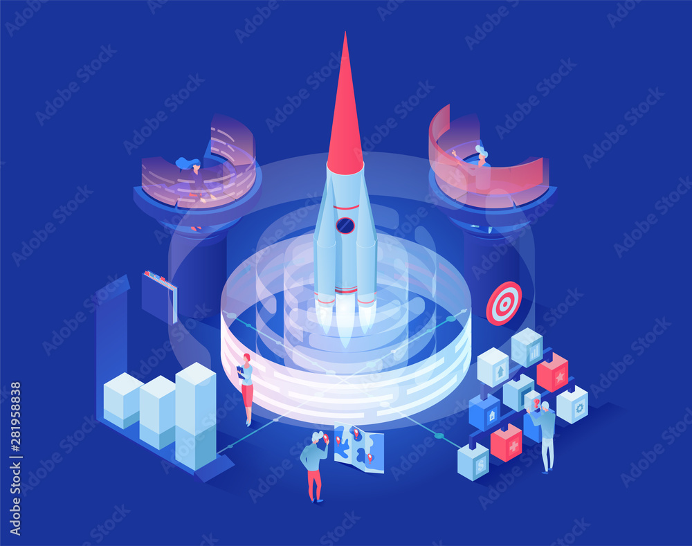Poster launching shuttle in space isometric illustration. futuristic space exploration research center work