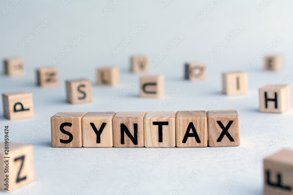 Poster syntax - word from wooden blocks with letters, grammatical arrangement concept, random letters aroun