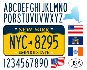 New York State car license plate, letters, numbers and symbols, USA, United States
