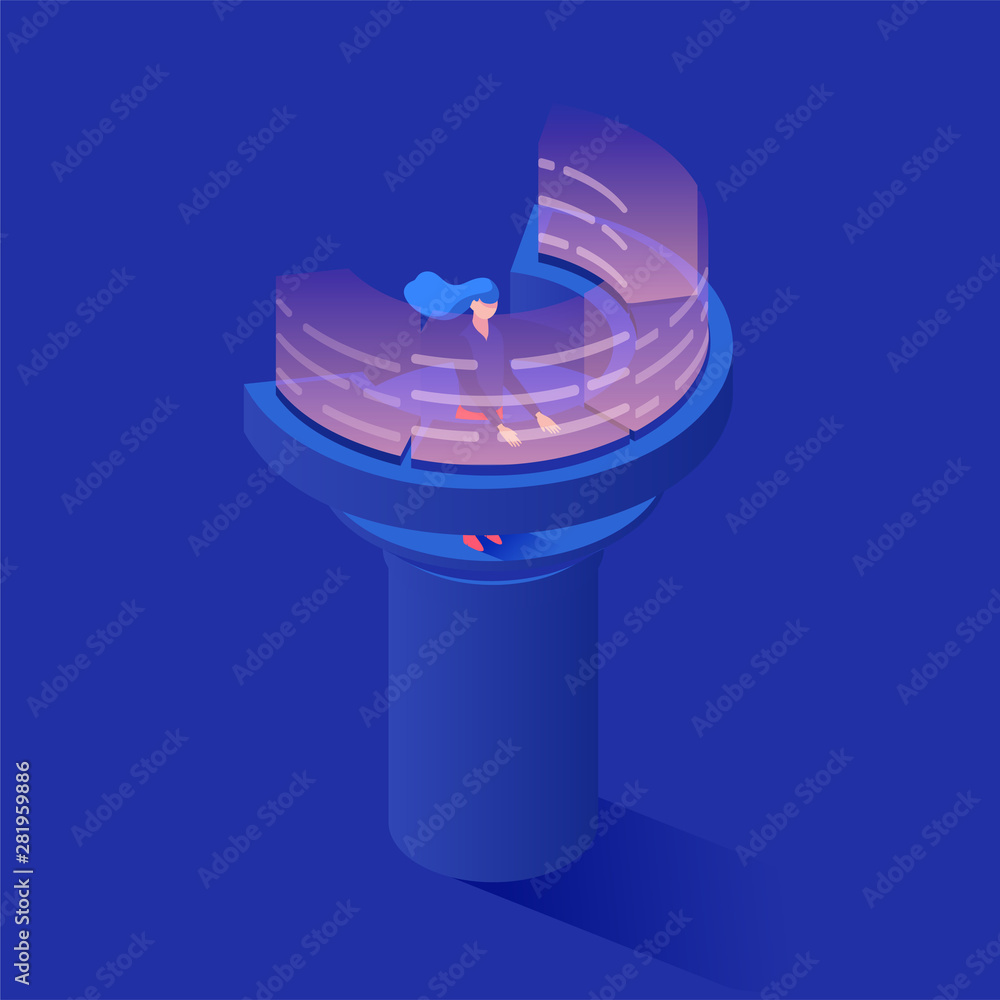 Poster operator at dashboard vector isometric illustration. female consultant controlling data management o