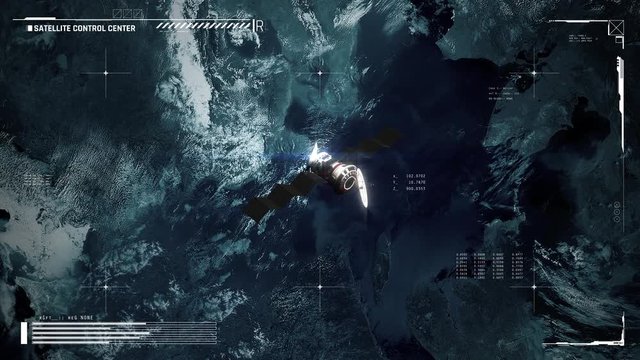 Satellite orbiting planet, control center display, exoplanet, communications. Satellite information on screen. Weather monitoring. Humans in space