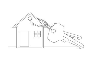 Paper cutout of a house and keys. Line art.