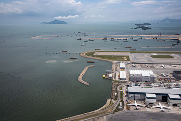 Lantau, Hong Kong  - June 22, 2019 :  Aerial view of Hong Kong  International Airport from airplane