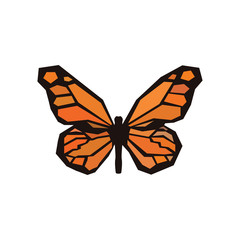 Petrified butterfly with colored wings. Orange and black color Butterfly, front view isolated on white, vector.