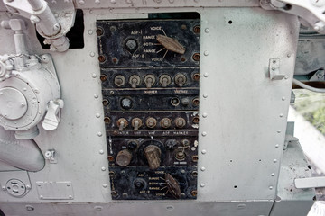 old vintage aircraft cockpit detail, pattern of multi meter gauge measure background