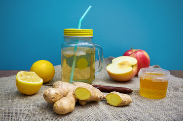 Homemade soft drink in a switchel in a mason jar