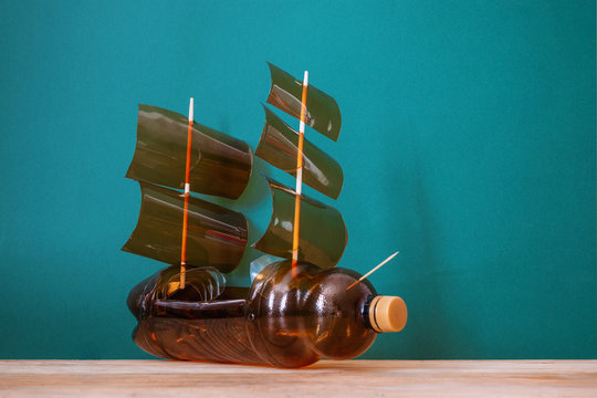 Toy ship made of a plastic bottle. Recycle crafts.