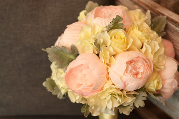 Close-up bouquet of flowers with peonies. Beautiful bridal, wedding flowers.