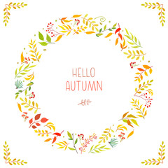 Vector frame of floral branch, wreaths, leaves. Autumn concept. Floral poster, invite.