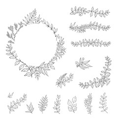Floral black and white Frame Collection in line style. Set of cute retro leaf arranged un a shape of the wreath