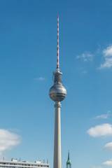  Close up view of the Fernsehturm, an iconic TV tower in the center of Berlin, near Alexanderplatz, designed by Hermann Henselmannn and now a tourist landmark