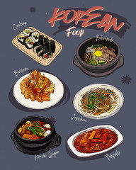 Korean food menu restaurant. Korean food sketch menu.