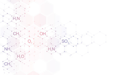 Abstract chemistry pattern on clean white background with chemical formulas and molecular structures. Template design with concept and idea for science and innovation technology.