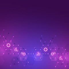 Fototapeta premium Abstract technology background with flat icons and symbols. Template design with concept and idea for innovation technology, medical, science and research. Vector illustration.