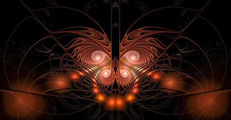 Beautiful butterfly spread its openwork wings. Abstract fractal of a sparkling butterfly on a black background, computer generated image