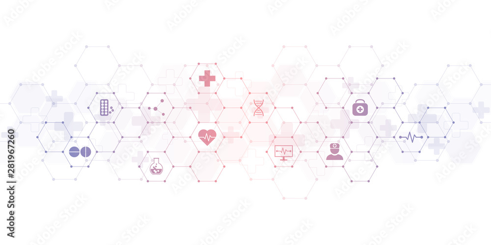 Sticker abstract medical background with flat icons and symbols. template design with concept and idea for h
