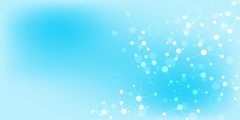 Abstract molecules on soft blue background. Molecular structures or DNA strand, neural network, genetic engineering. Scientific and technological concept.