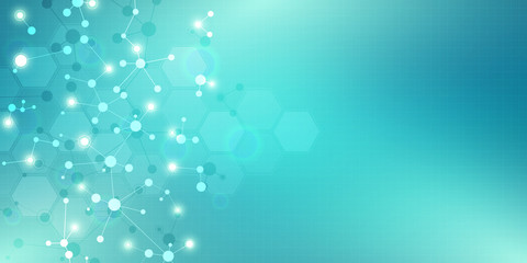 Abstract molecules on green background. Molecular structures or DNA strand, neural network, genetic engineering. Scientific and technological concept.