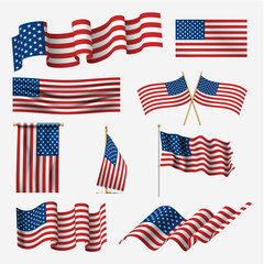 Waving american flag set, pride and democracy