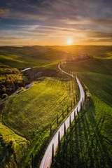 Poster Aerial drone landscape of famous Tuscany hills, Italy spring fields sunset Asciano Siena Firenze © PawelUchorczak