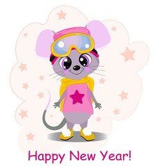 Cute little mouse in a winter hat on a white background. Pink color. For t-shirt printing.