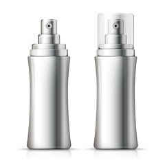 Vector set - 3d realistic metallic spray bottles with transparent cap. Mock-up for product package branding.