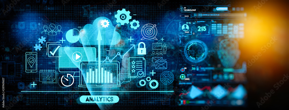 Aufkleber Hand touching Business data analytics process management with KPI financial charts and graph and automated marketing dashboard.