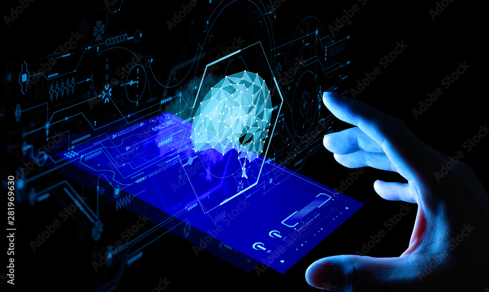 Poster Artificial intelligence (AI) with machine deep learning and data mining and another modern computer technologies UI by hand touching low poly icon.
