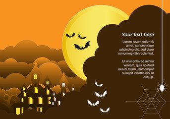 Paper art of big full moon, castle, bats in night time and text frame. Happy Halloween celebration concept, Flat and digital craft style vector illustration.