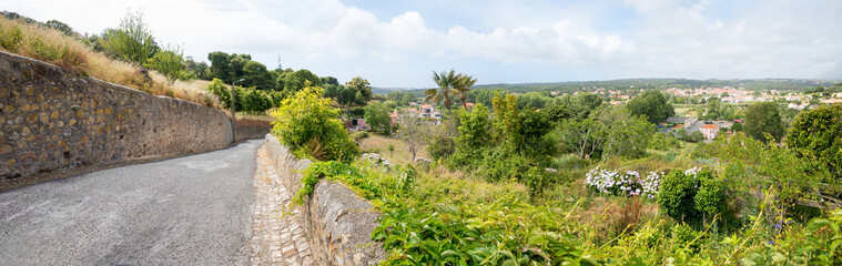 Fototapeta na wymiar Landstraße in Colares, Portugal mit Blick auf die Berge in Sintra