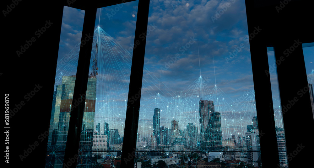 Poster wireless network and connection technology concept with abstract bangkok city background in panorama