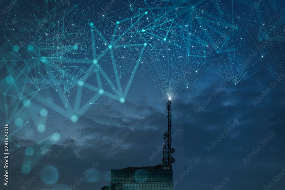 Aufkleber Wireless network and Connection technology concept with Abstract building.