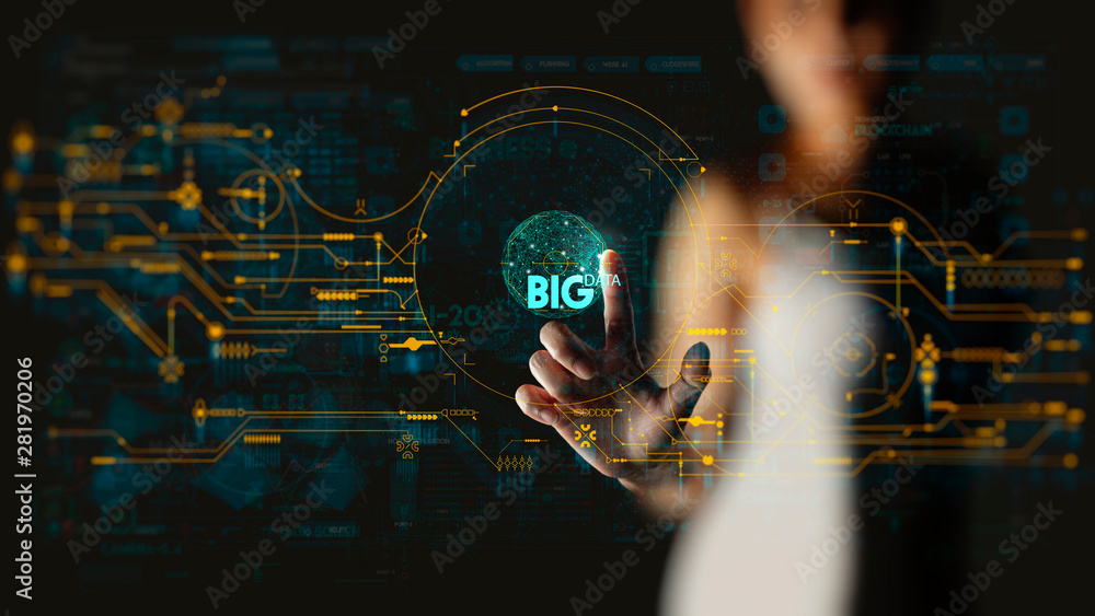Aufkleber Big data world and globe icon ui with hand selecting and pressing Big Data symbol and modern interface.