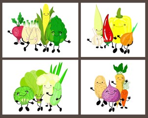 set of cute vegetables with eyes and smiles on a white background. In collection 4 pictures.