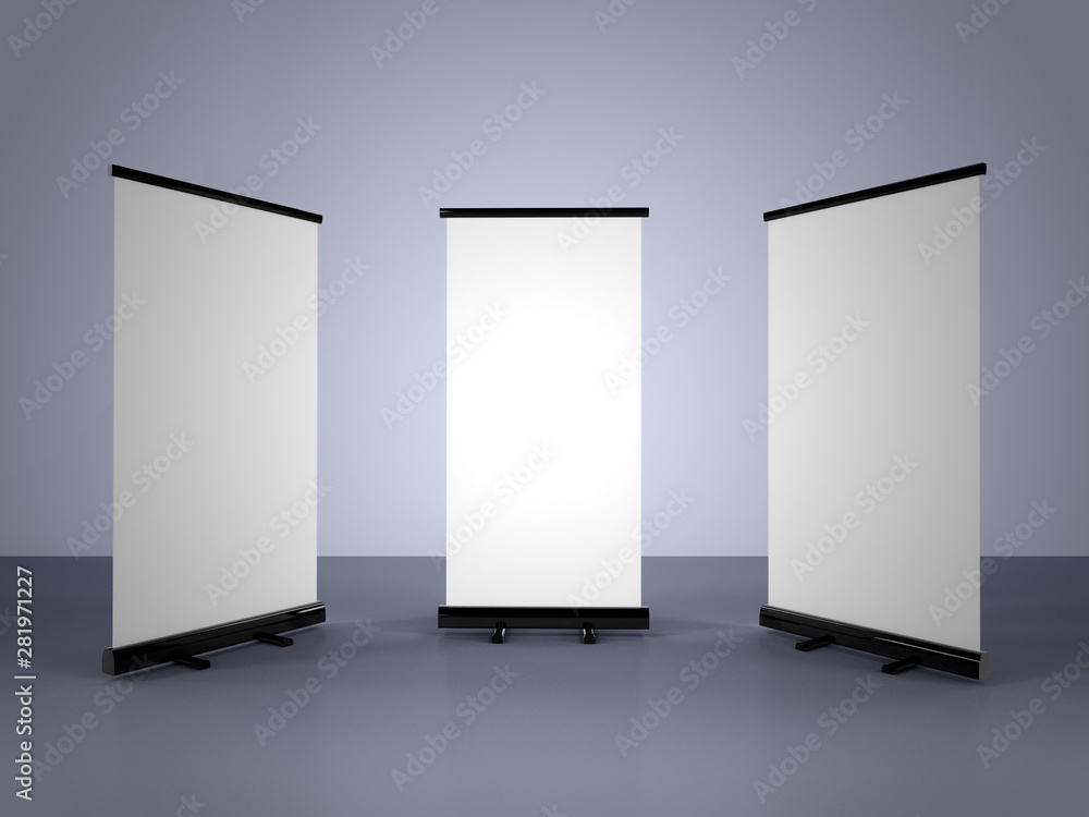 Wall mural 3d rendering of blank vertical rollup (empty billboard advertisement) on gray background. empty mock