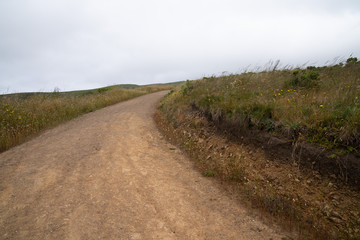 Winding dirt hiking trail curving to right, sense of unknown direction into horizon