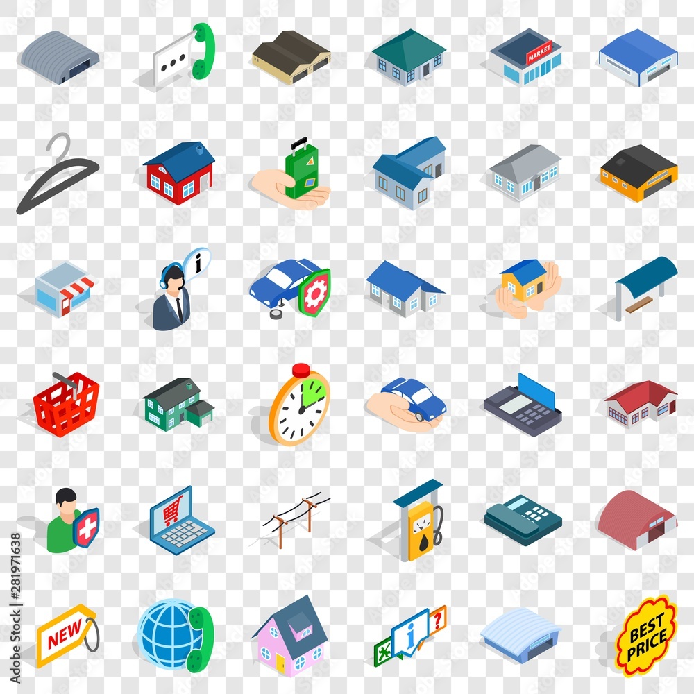Poster hanger icons set. isometric style of 36 hanger vector icons for web for any design