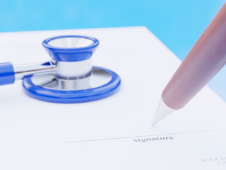 Empty medical prescription with a stethoscope on blue reflective background - 3D rendering