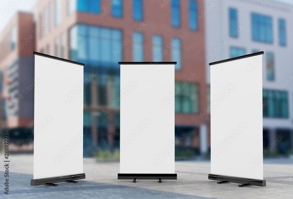 Wall mural 3d rendering of blank vertical rollup (empty billboard advertisement) with city background. empty mo