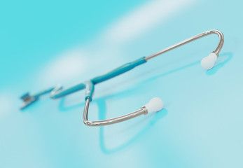 Fototapeta premium Stethoscope on blue, reflective background - 3D rendering