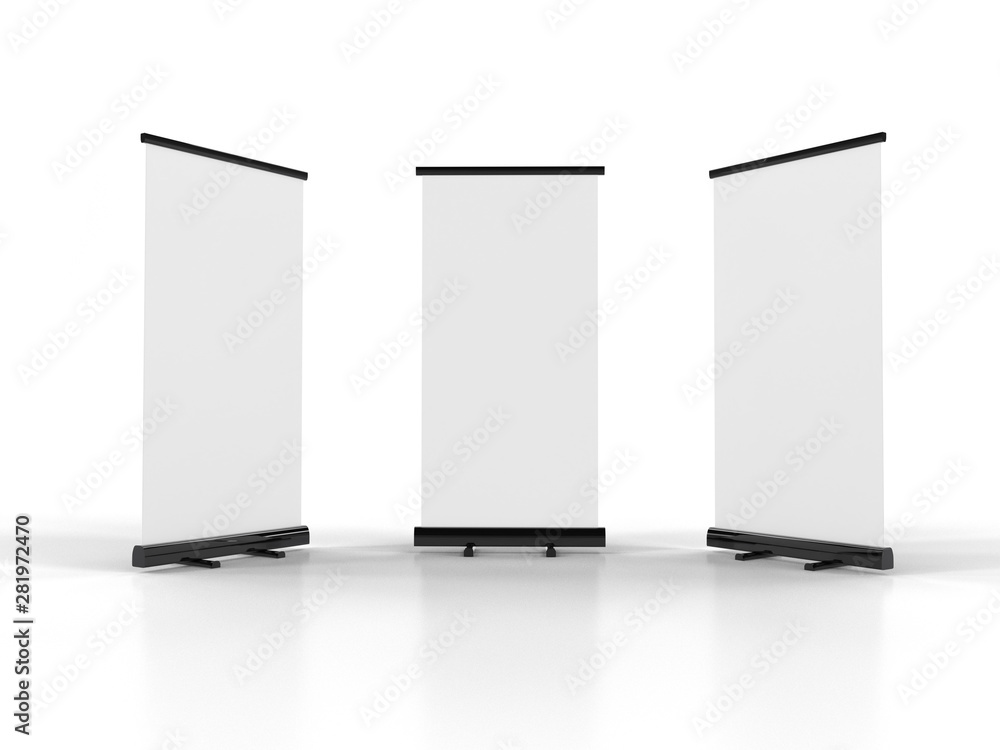 Wall mural 3d rendering of blank vertical rollup (empty billboard advertisement) isolated on white background. 
