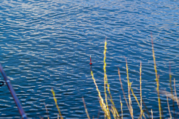 Fishing on a river with blue water. Red float and fishing pole.