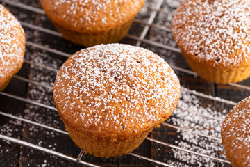 Pumpkin Spice Muffins Topped with Powdered Sugar on a Wooden Table