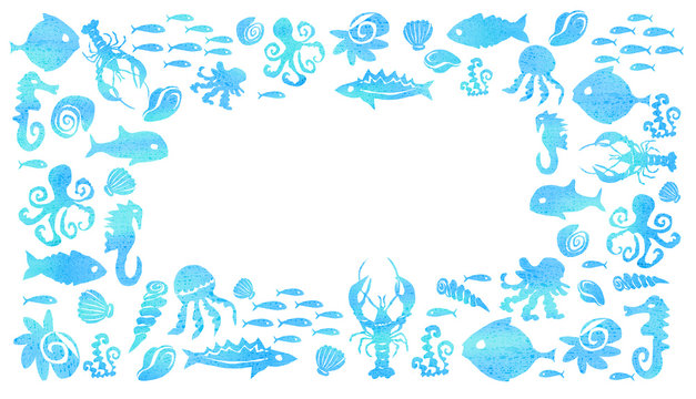 Silhouettes of fish, a seahorse, jellyfish, mussels, crayfish, octopuses on a white background.