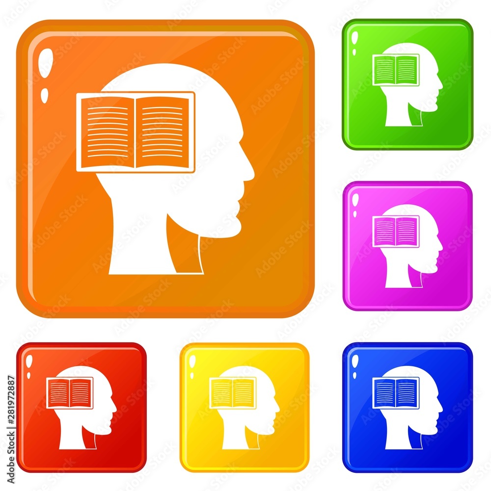 Poster head with open book icons set collection vector 6 color isolated on white background